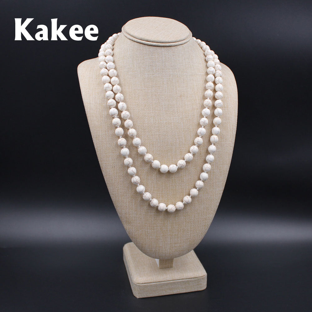 Fashion Turquoises Round Bead Strand Statement Necklaces Stone Long Necklace for Women Minimalist Jewelry Gift