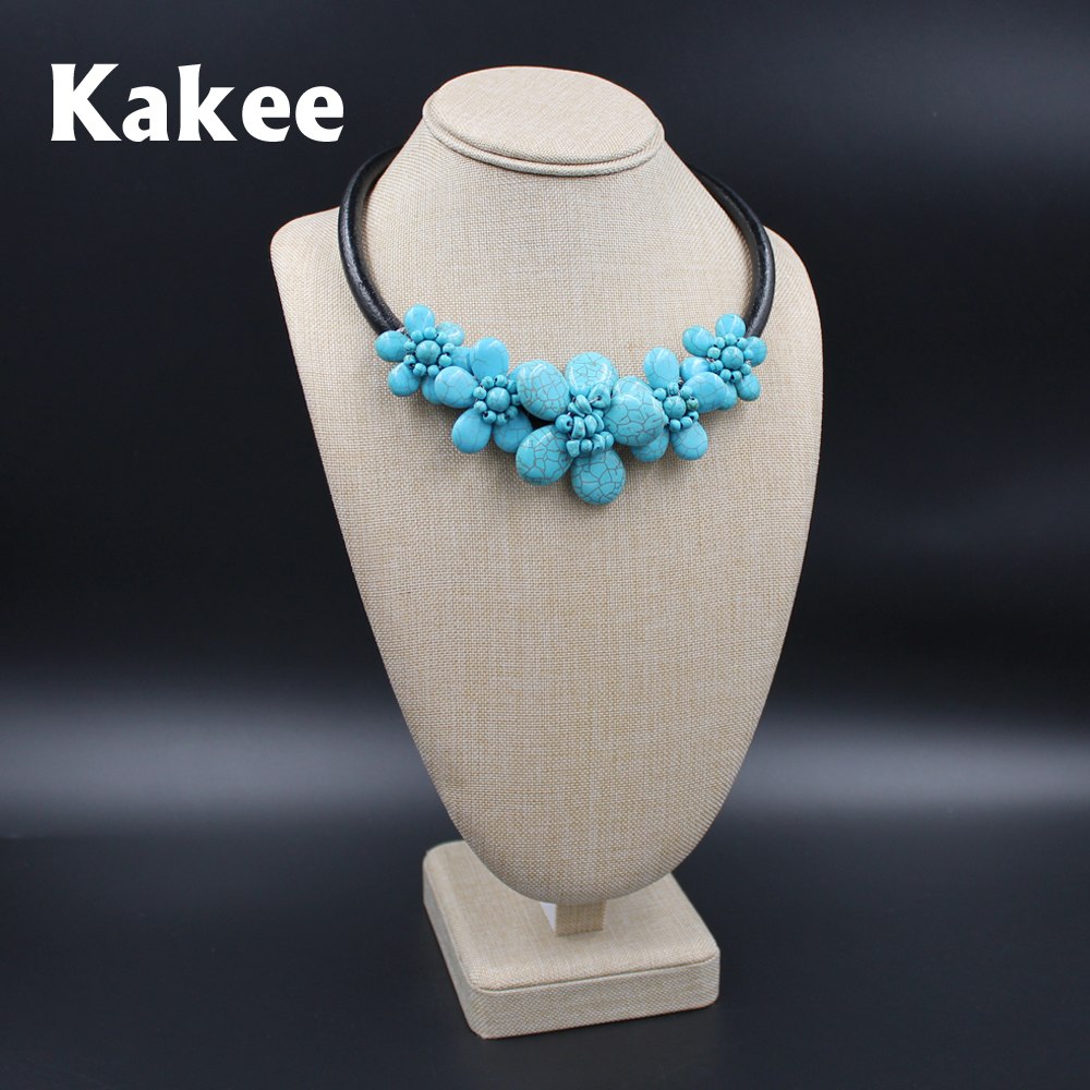 Handmade Stone Beads Rope Chain Flower Turquoises Choker Necklace for Women Fashion Jewelry European Style Collier