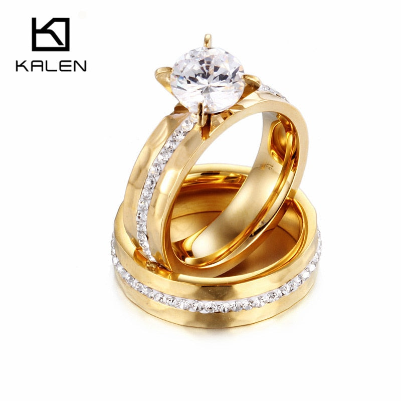 New Gold Couple Rings Women Stainless Steel & Rhinestone Engagement Wedding Ring Fashion Cheap Accessories For Lovers