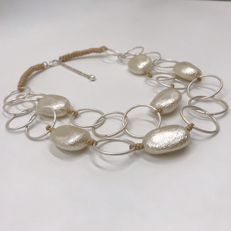 Kara&Kale Boho Jewelry Gothic Collar Necklace Wax Cord Metal Link Pearl Beads Earthy Collares Necklace Women Accessories