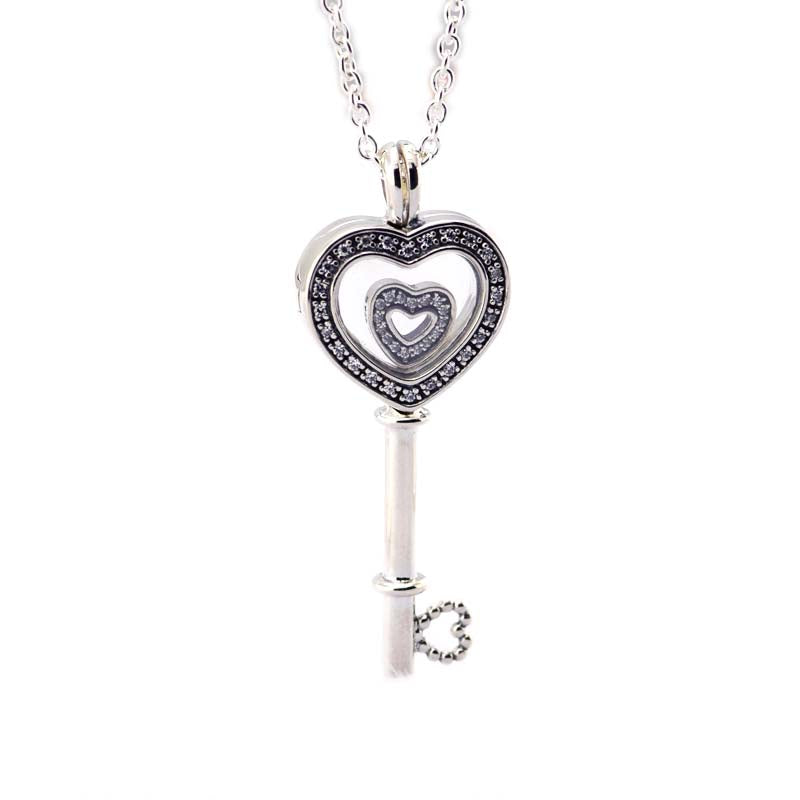 Key Necklace 100% 925 Sterling Silver Floating Locket Heart ,Sapphire Crystal & Clear Cz Necklaces for Women DIY Fine Jewelry