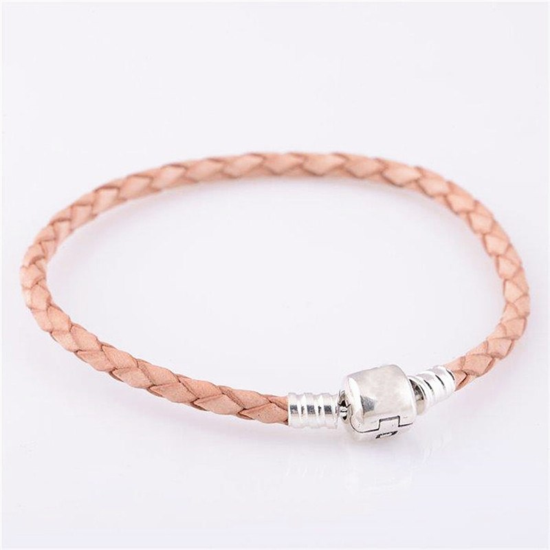 Khaki Leather Chain 100% 925 Sterling Silver Barrel Clasp Charm Beads Bracelet for Women Men Fine Jewelry PLE004