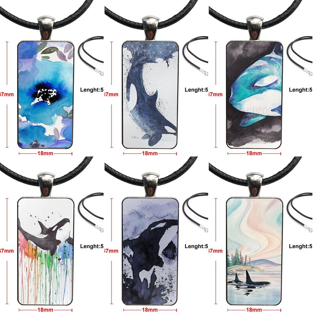 Killer Whale Orca Watercolor For Schoolgirl Maxi Design Vintage Glass Women Rectangle Necklace Pendants