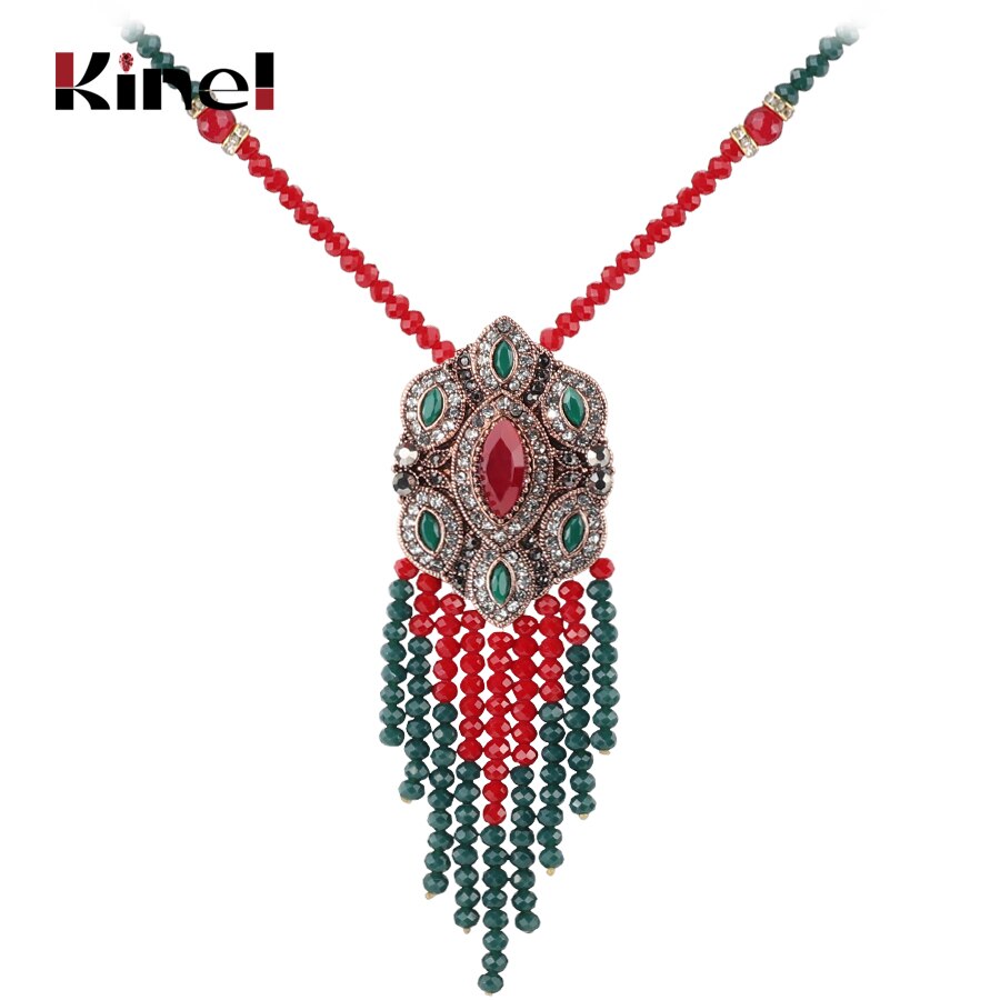 Kinel Bohemia Tassel Pendant Necklace For Women Antique Gold Ethnic Style With Stone Suspensions Long Necklace Vintage Jewerly