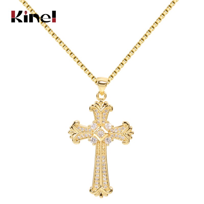 Kinel Pendant Retro Jewelry Exquisite Cross Shape Copper Inlaid Zircon Party Decoration Chain Length 58CM