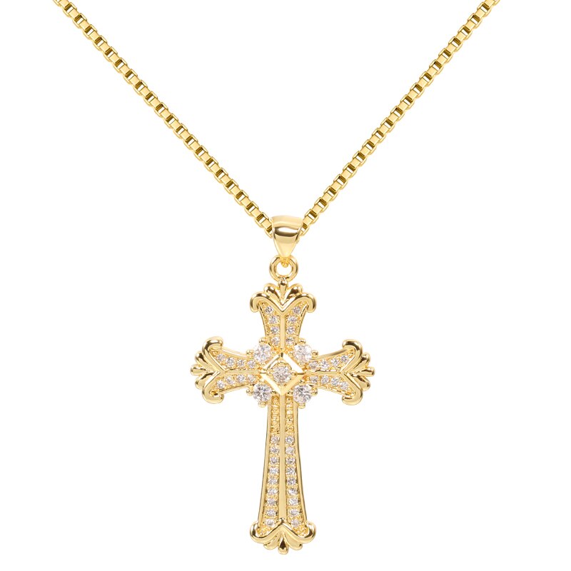 Kinel Pendant Retro Jewelry Exquisite Cross Shape Copper Inlaid Zircon Party Decoration Chain Length 58CM