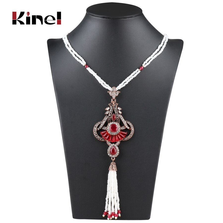 Kinel Unique Bohemia Tassel Necklace Vintage Jewerly Antique Gold Color Ethnic Hand-Beaded Stone Long Necklace For Women
