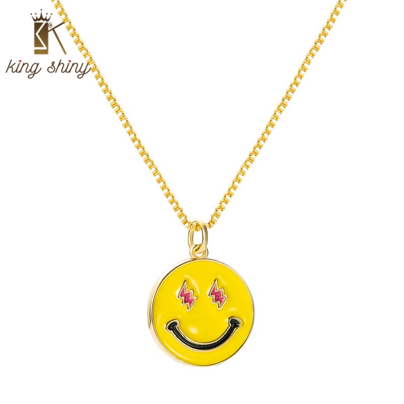 King Shiny Cute Smiley Face Pendant Necklace for Woman Elegant Geometric Round Coin Charm Copper Necklace Female Party Jewelry