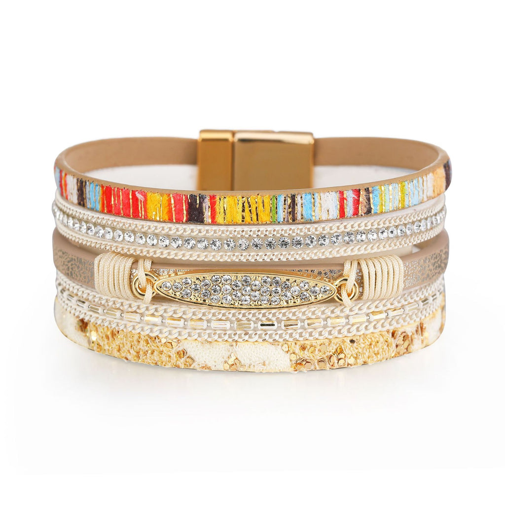 Kirykle Bohemian Multilayer Bracelet Alloy Pendant Jewelry Vintage PU leather Diamond Bracelet