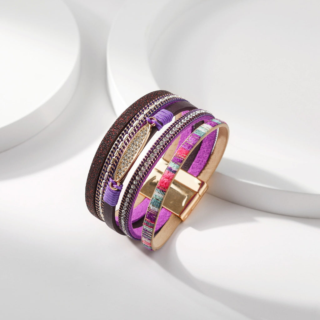 Kirykle Bohemian Multilayer Bracelet Alloy Pendant Jewelry Vintage PU leather Diamond Bracelet