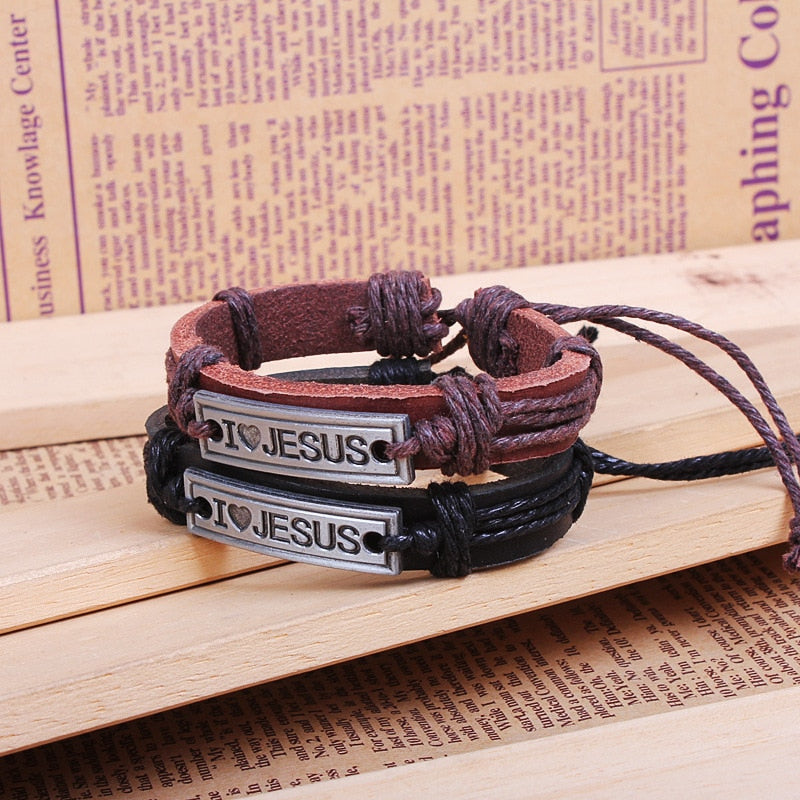 Kirykle Brown Black Vintage Leather Bracelet Religious Faith Bangle "I LOVE JESUS" Christian Jewelry For Women Man Cuff Gift