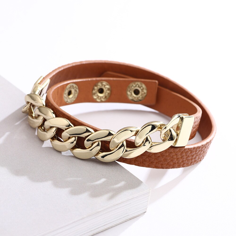 Kirykle Charm Gold Chain Bracelet for Women Plaid Leather Bracelet Six Colors Adjustable Multi-layer Bracelet Girl Gift