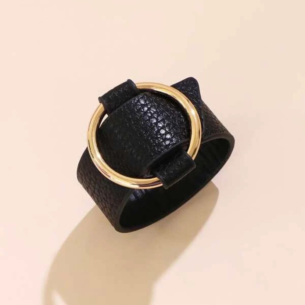 Kirykle Charm Wide Black  Leather Bracelets Multicolor Metal gold Big Circle Wrap Bracelet Femme Wristband Jewelry