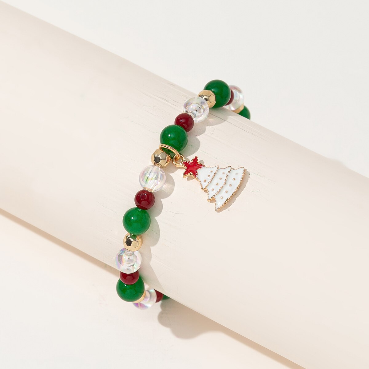 Kirykle Christmas Crystal Bracelet  for Women Christmas Tree Red Green Crystal Beads Beaded Bracelet Strand Bracelets Party Gift