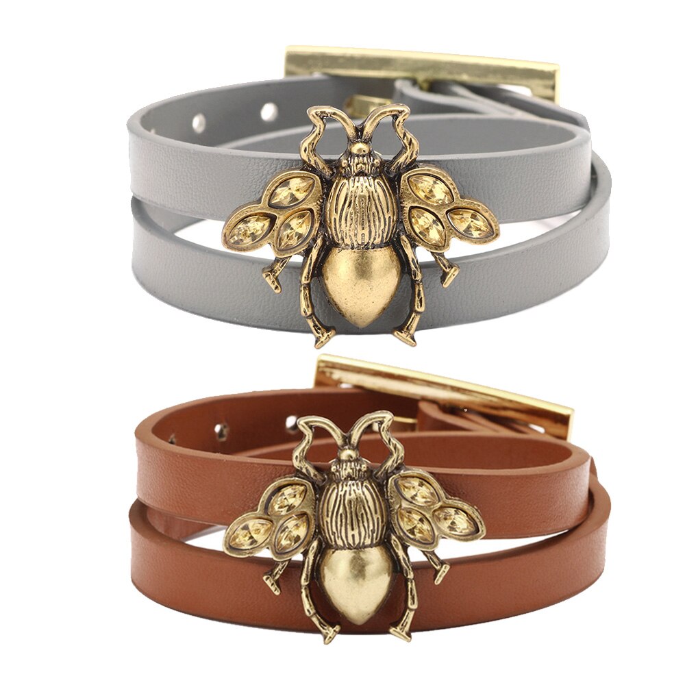 Kirykle Cute Bee Women Bracelet Adjustable Leather Bracelet Charm Gold Alloy Set Zircon Bee Bracelet  Femme Party Jewelry Gift