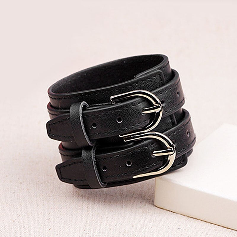 Kirykle Double Belt Leather Wrist Friendship Big Wide Bracelet for Men Buckle Vintage Punk Jewelry