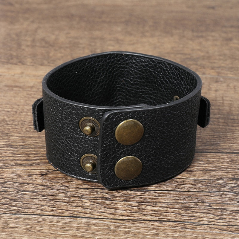 Kirykle Wide Genuine Leather Bracelet Black Wide Cuff Bracelets Bangles Vintage Punk Wristband Men Jewelry