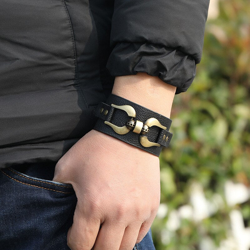 Kirykle Wide Genuine Leather Bracelet Black Wide Cuff Bracelets Bangles Vintage Punk Wristband Men Jewelry