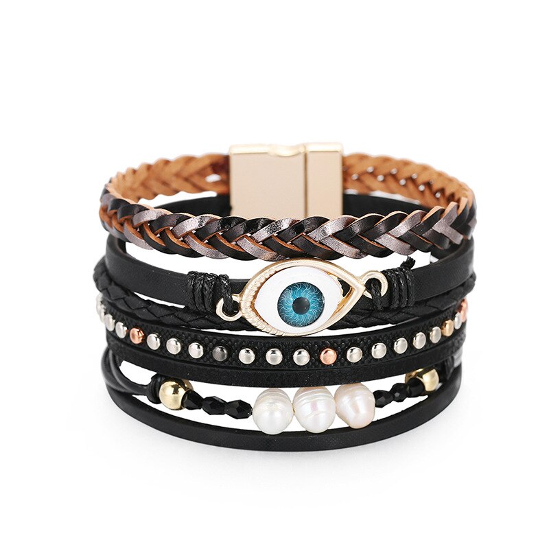 Kirykle Five Layers Multi Color Studs Pearl Accessory Strands Evil Eyes Magnetic Braceelt For Women