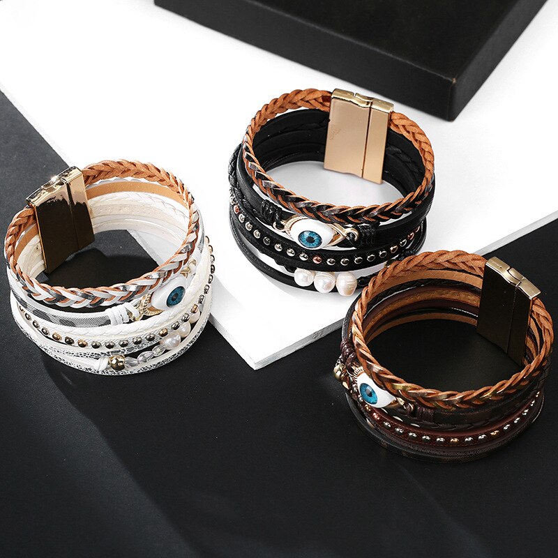 Kirykle Five Layers Multi Color Studs Pearl Accessory Strands Evil Eyes Magnetic Braceelt For Women