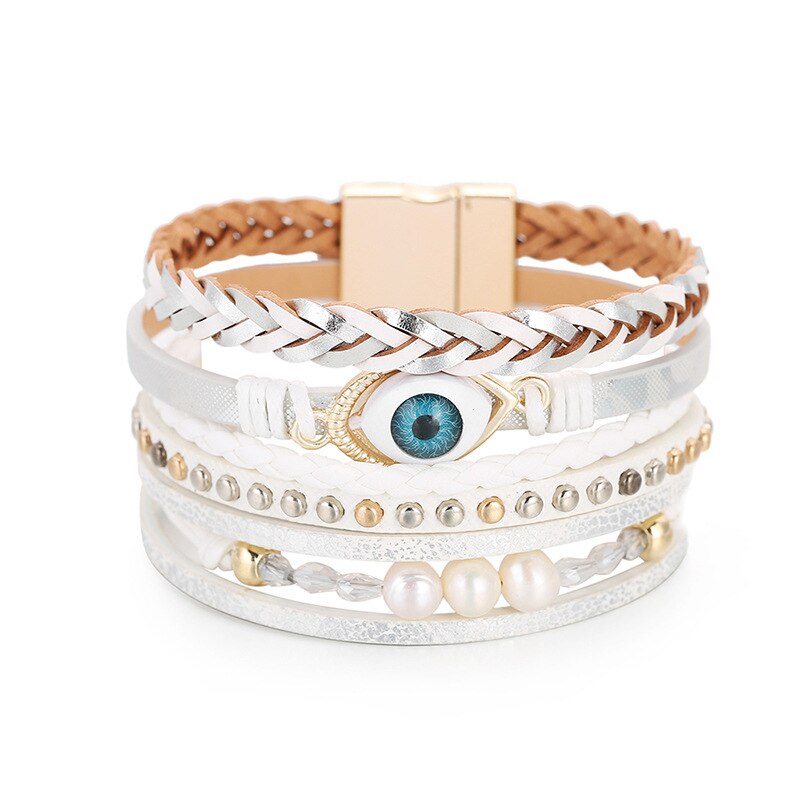 Kirykle Five Layers Multi Color Studs Pearl Accessory Strands Evil Eyes Magnetic Braceelt For Women