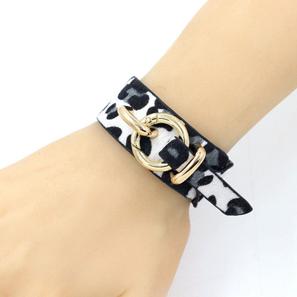 Kirykle Geometric Girl Trendy Leopard Print Wide Leather Bracelets Women Vintage Bangle Female Wedding Jewelry