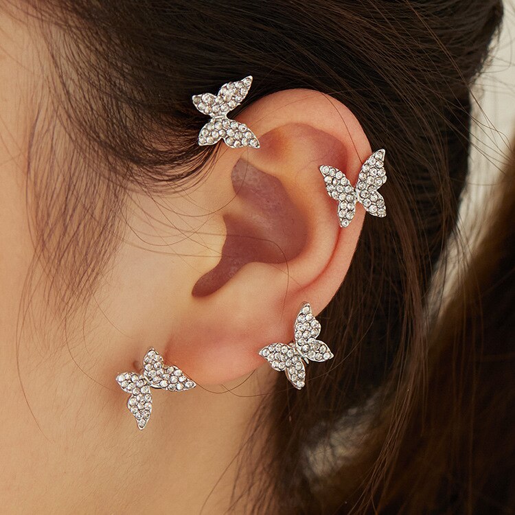 Kirykle Gold Silver Color Metal Butterfly EarClips Without Piercing For Women Sparkling Zircon Ear Cuff Earrings Wedding Jewelry