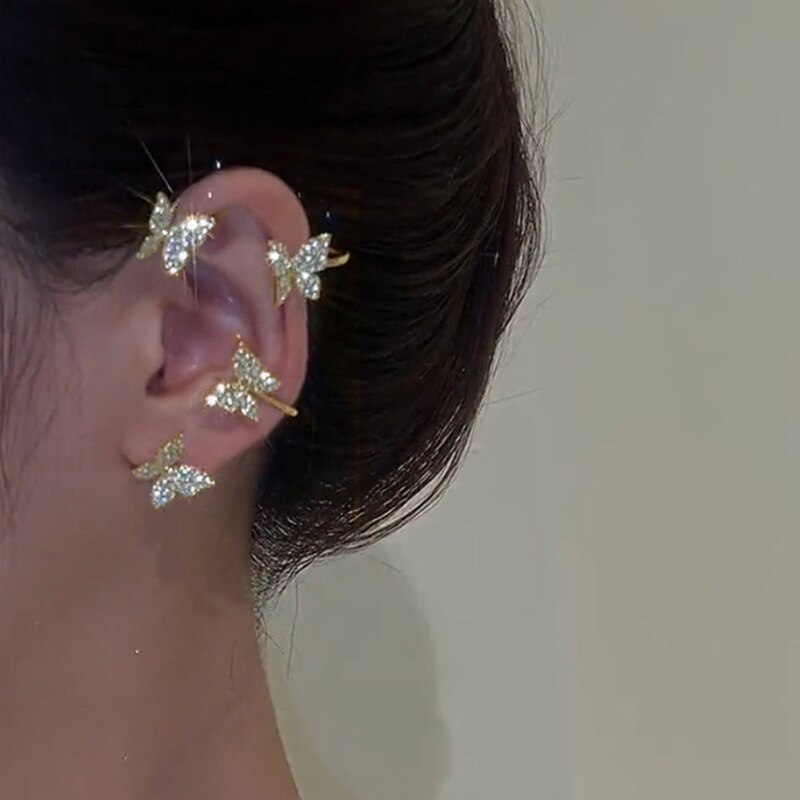 Kirykle Gold Silver Color Metal Butterfly EarClips Without Piercing For Women Sparkling Zircon Ear Cuff Earrings Wedding Jewelry