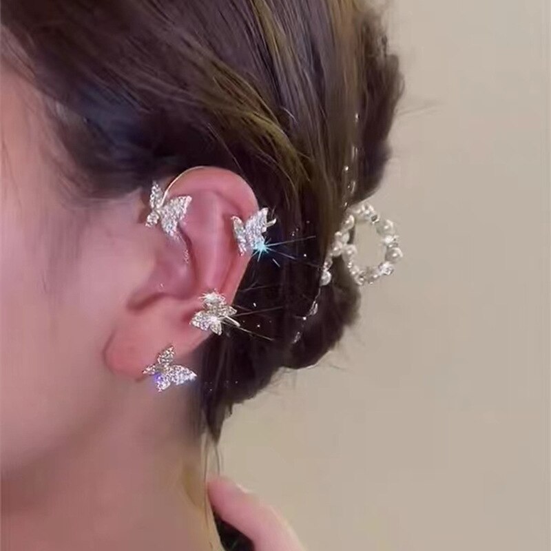 Kirykle Gold Silver Color Metal Butterfly EarClips Without Piercing For Women Sparkling Zircon Ear Cuff Earrings Wedding Jewelry