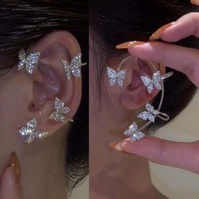 Kirykle Gold Silver Color Metal Butterfly EarClips Without Piercing For Women Sparkling Zircon Ear Cuff Earrings Wedding Jewelry