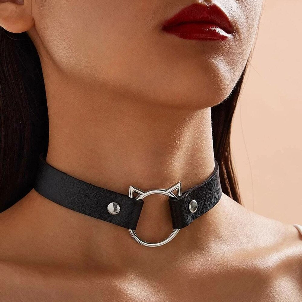 Kirykle Halloween Cat Decor Sexy Leather Choker Necklace Women Turkish Festival Rave Jewelry Punk Gothic Necklace