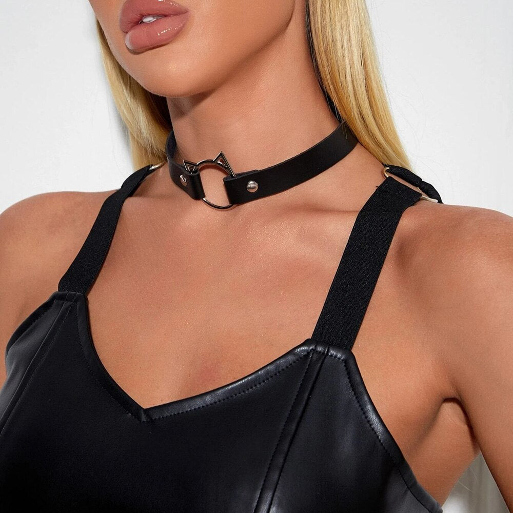 Kirykle Halloween Cat Decor Sexy Leather Choker Necklace Women Turkish Festival Rave Jewelry Punk Gothic Necklace