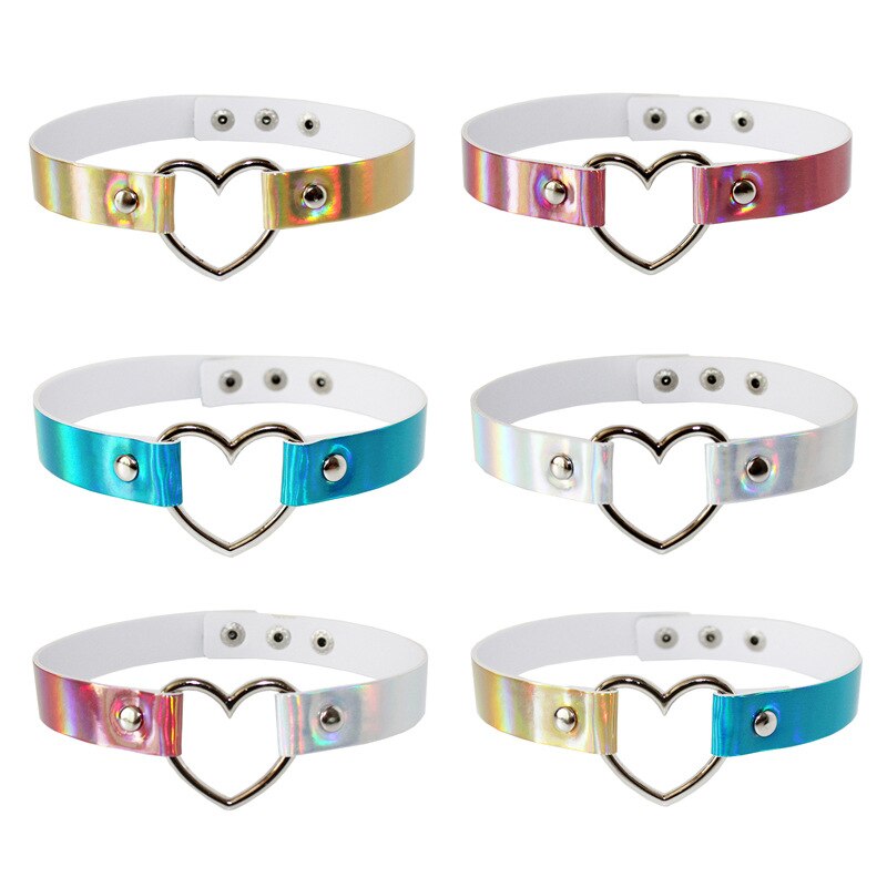 Kirykle  Laser Light PU Leather Choker Necklace metal Heart/circle shape Pendant Charm For Punk Collar Chocker 39*1.8cm Adjustab