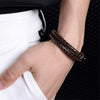 Kirykle Men Leather Bracelet Simple Black Stainless Steel Button Neutral Wristband Accessories Hand-woven Jewelry Gifts