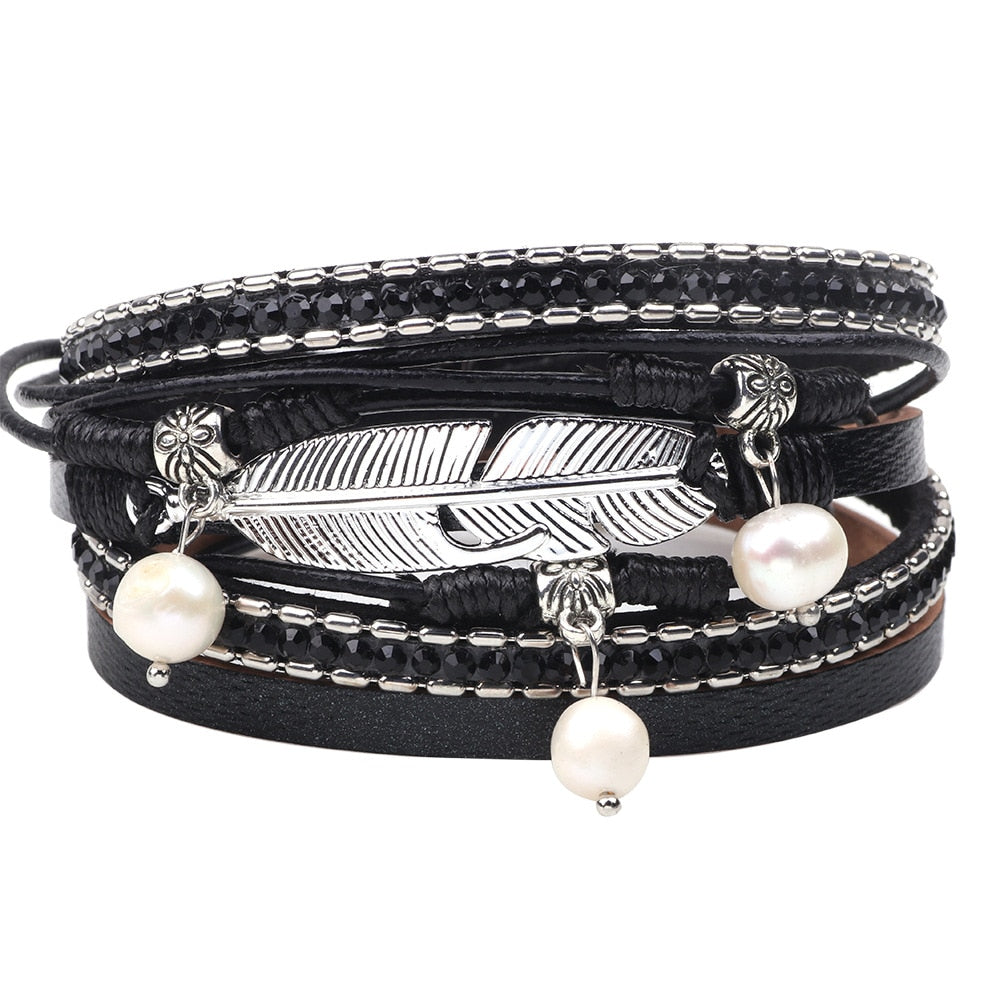 Kirykle Multilayer Leather Bracelets for Women Femme multi Colors Magnet Clasp Crystal Bohemian Double Wrap Bracelet Jewelry