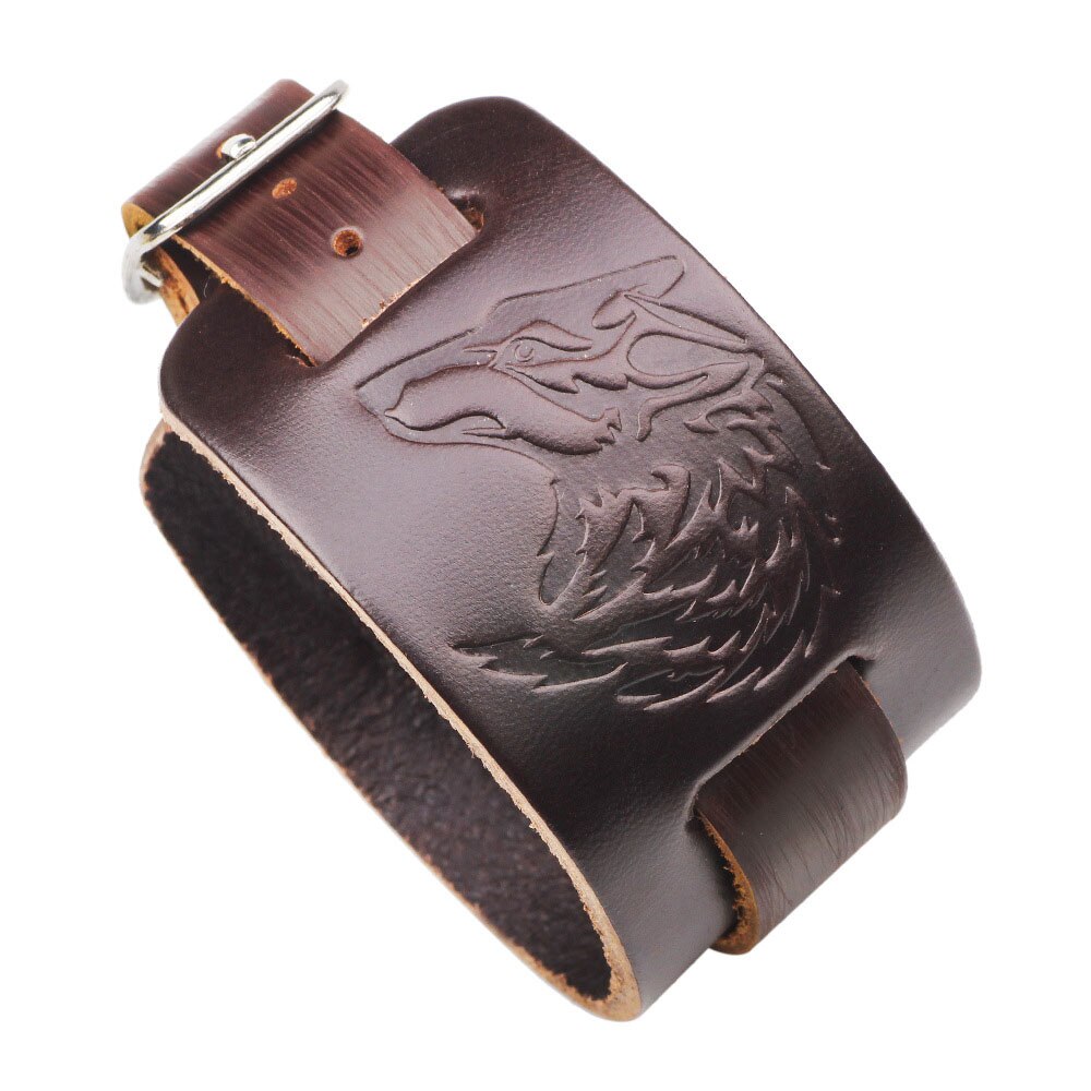 Kirykle Male Black Brown Goshawk Head Leather Bracelet Men Vintage Imprint Wide Bracelets Bangles Punk Rock Style Jewelry