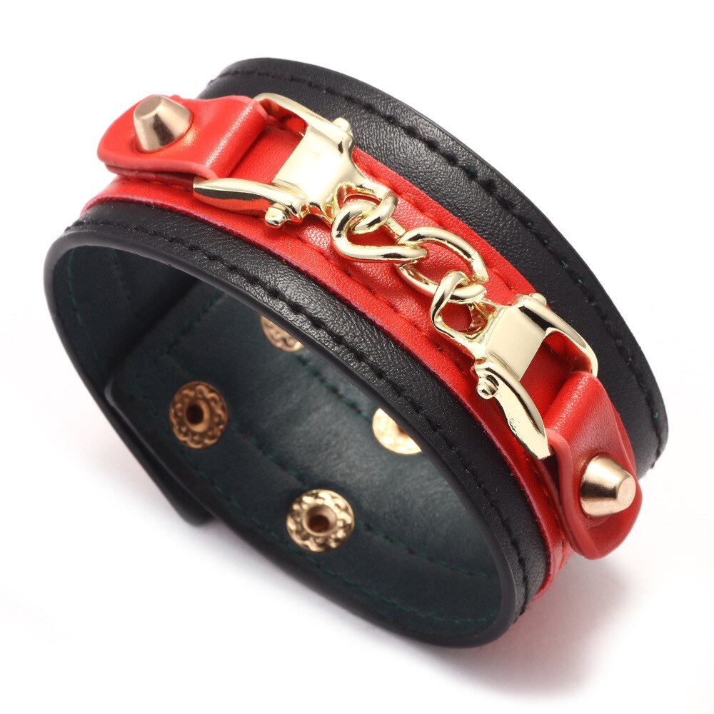 Kirykle Punk Wide Leather Bracelet for Women Red Black Leather Stitching Charm Bracelet Metal RivetsChain  Bangles for Women