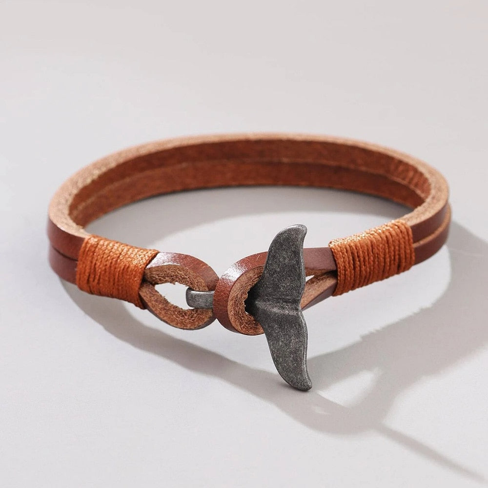 Kirykle Simple Leather Bracelet Cow Skin Leather With Fishtail Zinc Alloy Vintage Clasp Bracelet Charm Form Women Men Jewelr