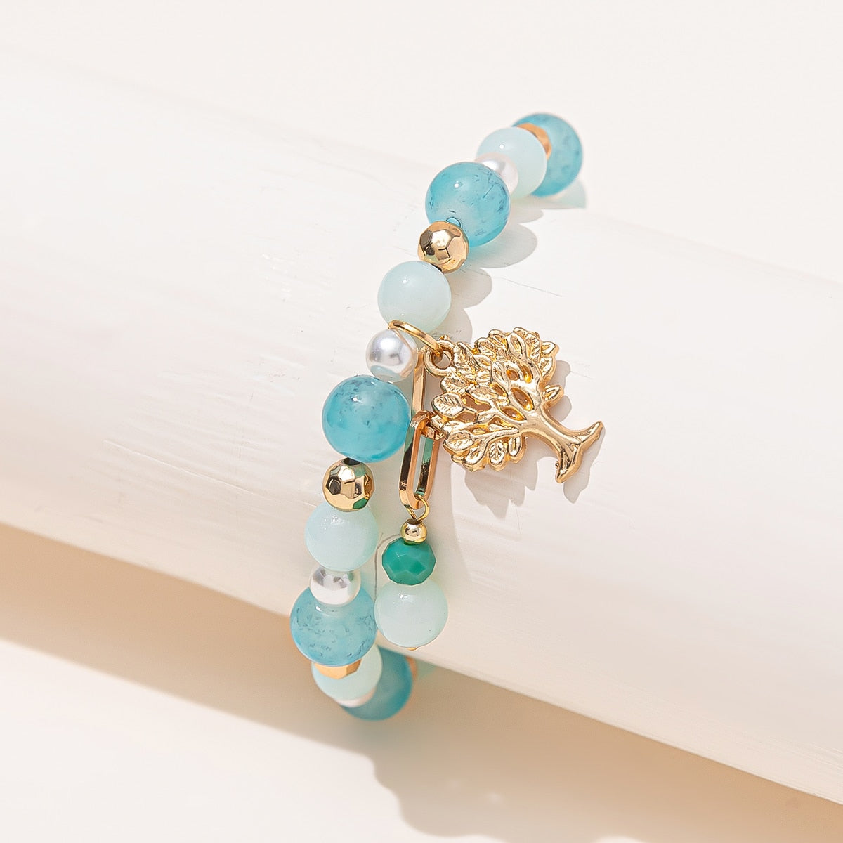 Kirykle Tree Life Charm Bracelet Blue Agate Beads Stretch Bracelet for Women Gemstone Pulseras Bangles Friends Jewelry Gift