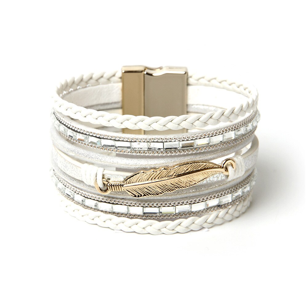 Kirykle Vintage Leaf Feather Multilayer Leather Bracelet Men Braided Handmade Rope Wrap Bracelets Female Jewelry