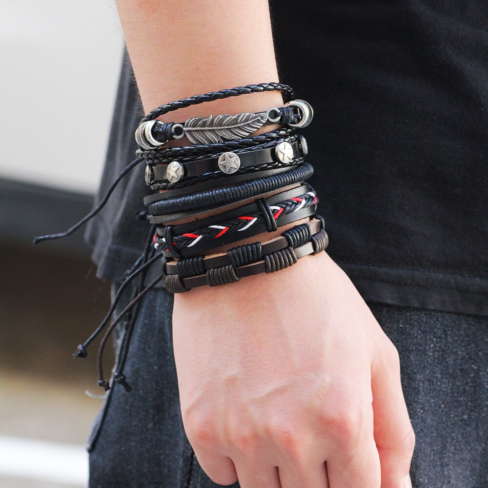 Kirykle Vintage Multiple Charm Bracelets Set For Men Woman Wristbands Leaf Leather Bracelet Bangles 2022 Party Jewelry