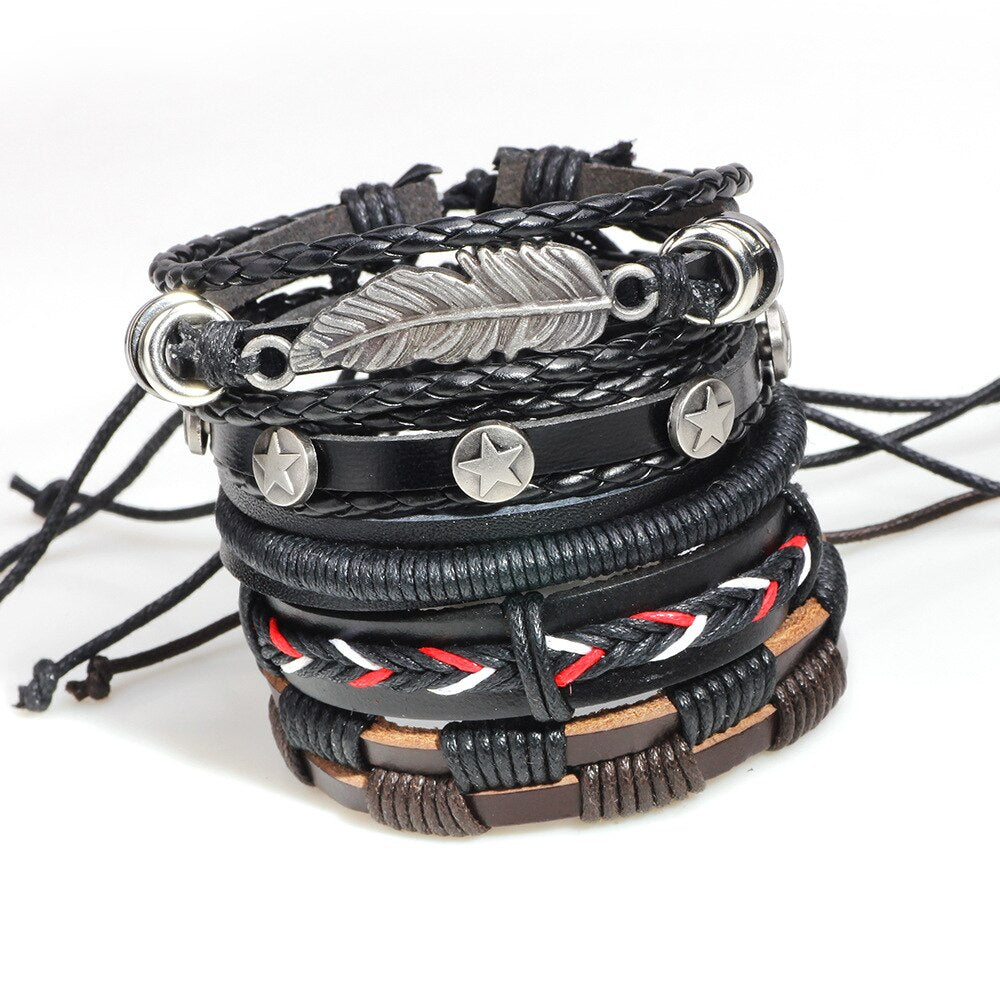 Kirykle Vintage Multiple Charm Bracelets Set For Men Woman Wristbands Leaf Leather Bracelet Bangles 2022 Party Jewelry