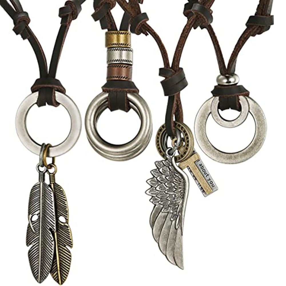 Kirykle collares necklaces pendants Cool Rock Feathers Pendant Genuine Leather Long Chain Necklace Vintage Design Men Neckla