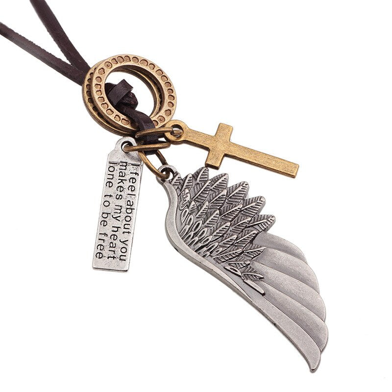 Kirykle collares necklaces pendants Cool Rock Feathers Pendant Genuine Leather Long Chain Necklace Vintage Design Men Neckla