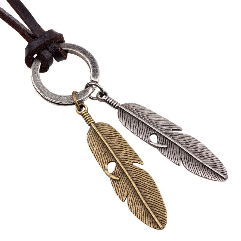 Kirykle collares necklaces pendants Cool Rock Feathers Pendant Genuine Leather Long Chain Necklace Vintage Design Men Neckla