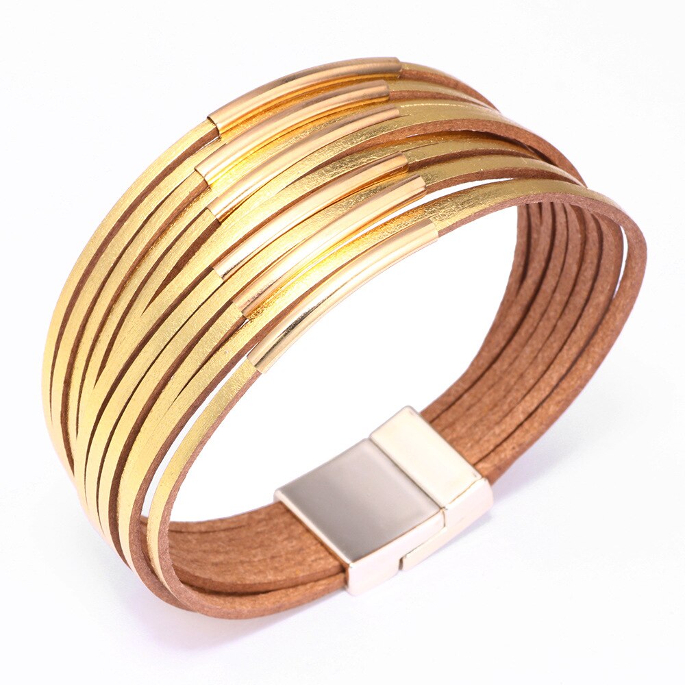 Kirykle metallic conduit Gold Color Leather Bracelets For Women 2022 Boho Multilayer Wide Wrap Bracelet Jewelry