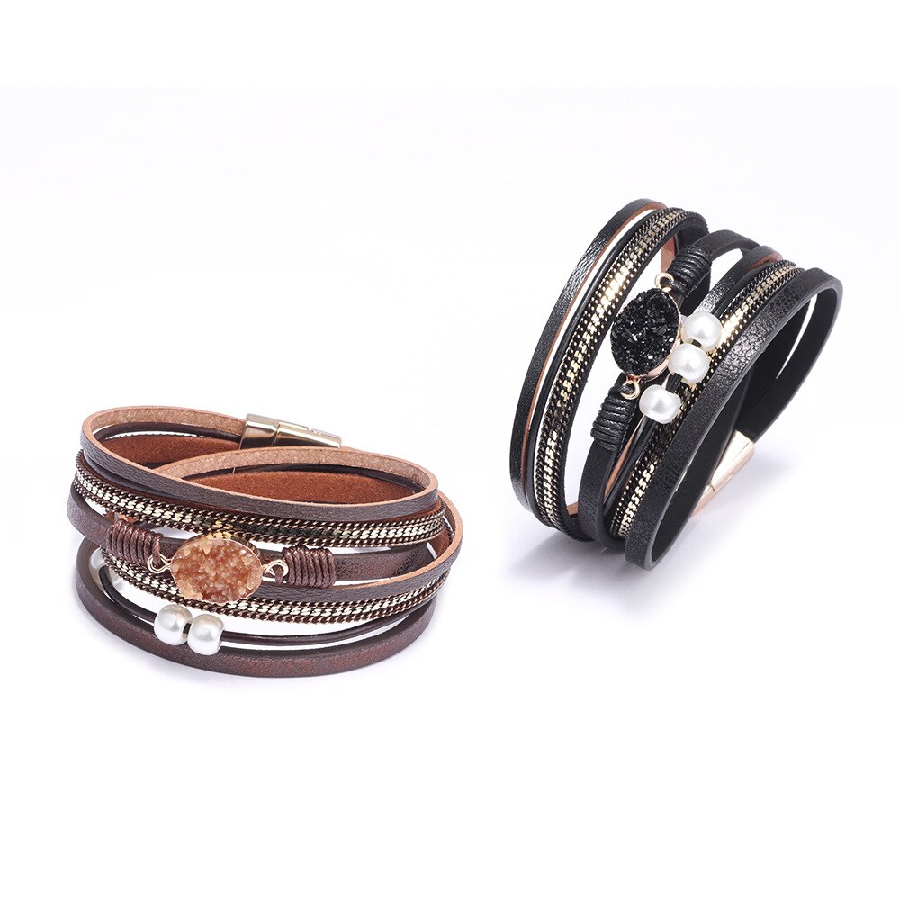 KirykleVintage Stone Crystal Charm Bracelets Bangle For Woman Men Female Handmade Multilayer Leather Wristband Bracele
