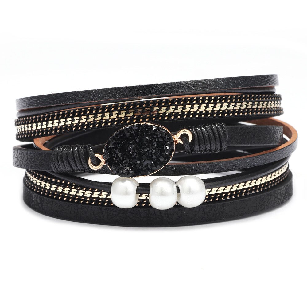 KirykleVintage Stone Crystal Charm Bracelets Bangle For Woman Men Female Handmade Multilayer Leather Wristband Bracele