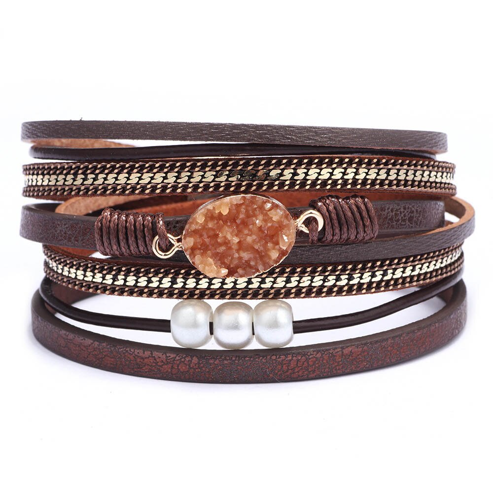KirykleVintage Stone Crystal Charm Bracelets Bangle For Woman Men Female Handmade Multilayer Leather Wristband Bracele