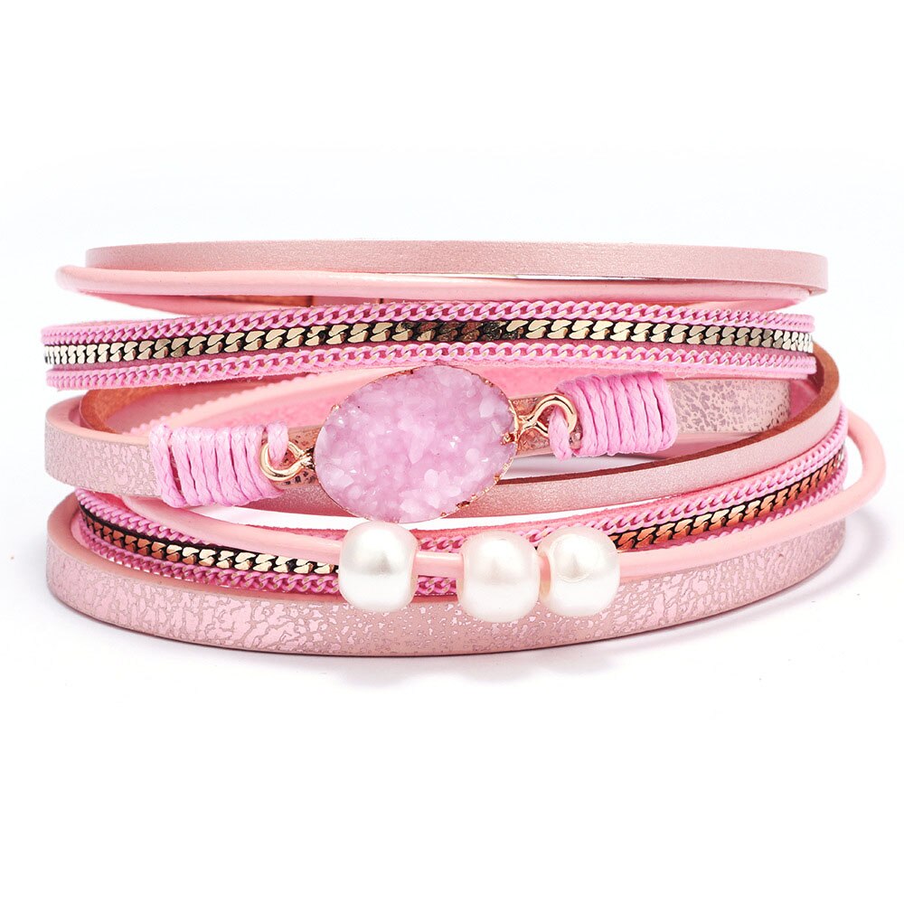 KirykleVintage Stone Crystal Charm Bracelets Bangle For Woman Men Female Handmade Multilayer Leather Wristband Bracele